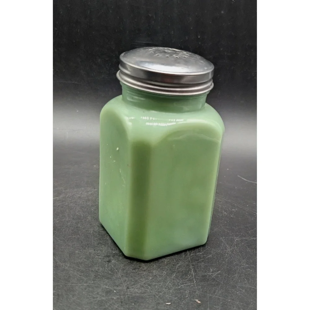 TPC Jadite Green Milk Glass Pepper Shaker Vintage Style Square Metal Lid